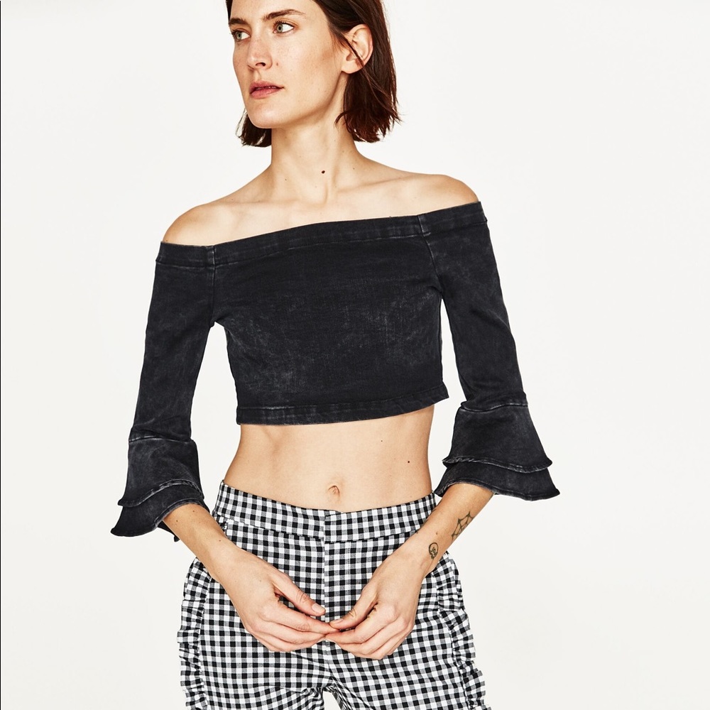 Zara Woman Black Denim Bell Sleeve Crop Top - S